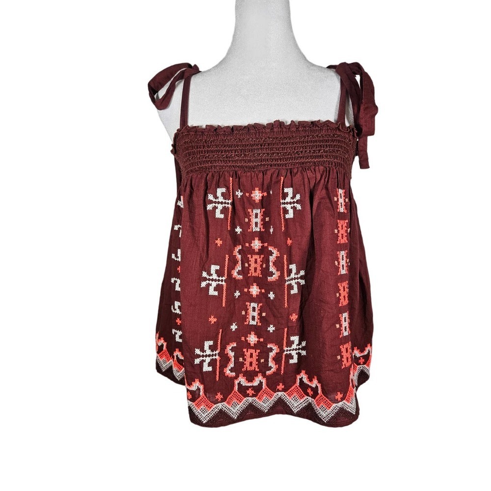 Anthropologie‎ Womens Aliza Embroidered Swing Tank Top Brown Small